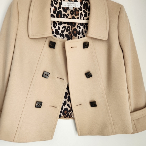 Tahari ASL Size 4 Beige Double Breasted Blazer 3/4 Belted Sleeve Square Buttons - Picture 6 of 13